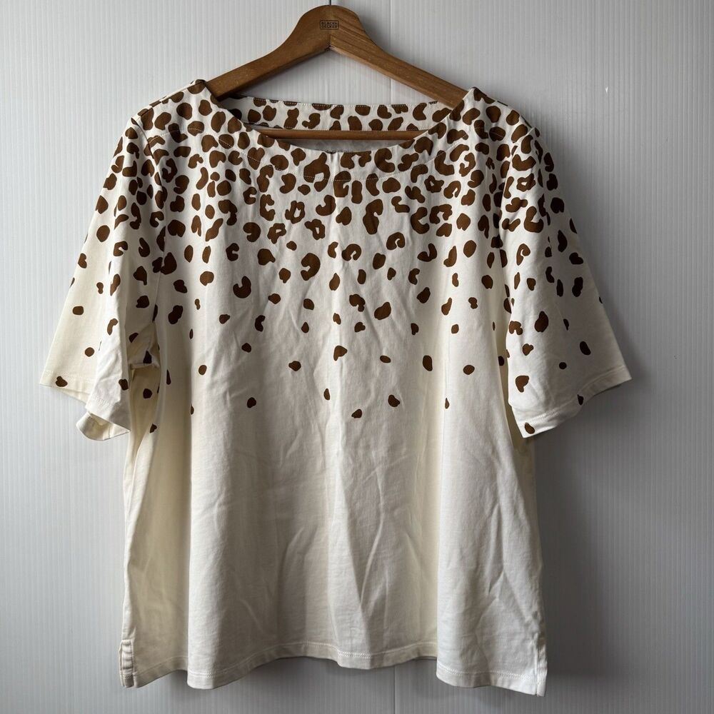 Talbots Animal Print Knit Top Ivory Brown Short Sleeve Classic Chic Blouse XLP